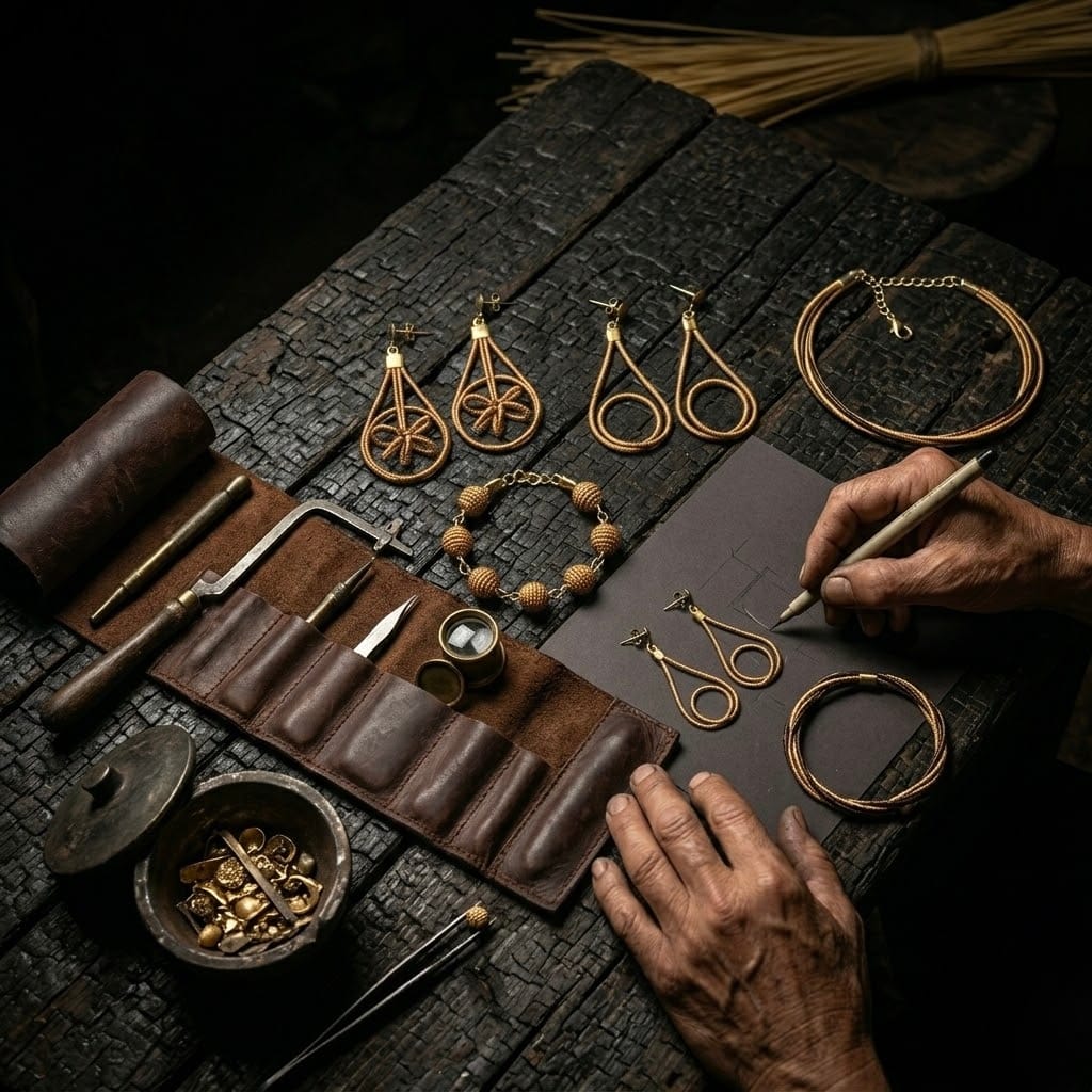 Détail du façonnage à la main des bijoux en or végétal avec fil de buriti